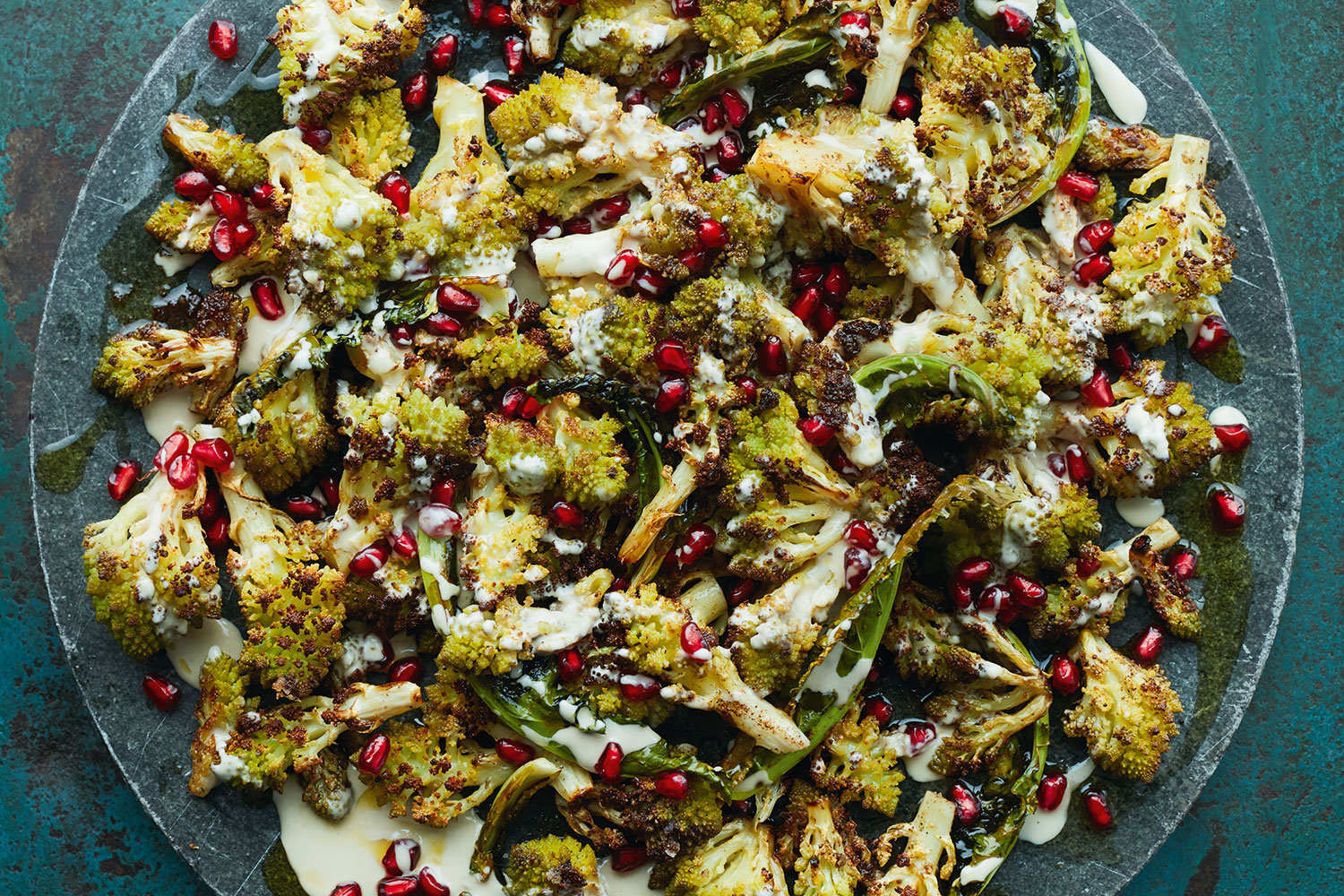 Roast Romanesco Cauliflower with Tahini and Pomegranates Foodwise