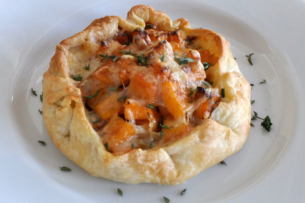 Butternut Squash Galette with Roasted Garlic, Caramelized Onions, and