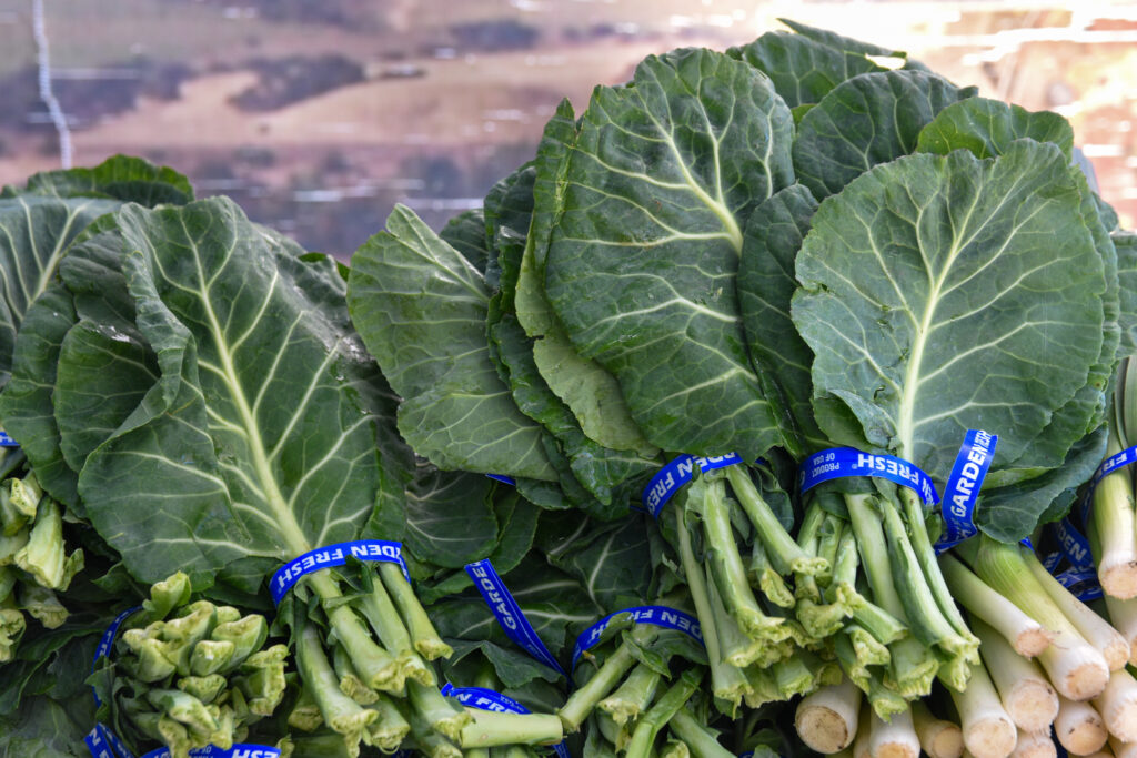 Bundles of collard greens at Green Thumb Farm's stand at Foodwise's Ferry Plaza Farmers Market.