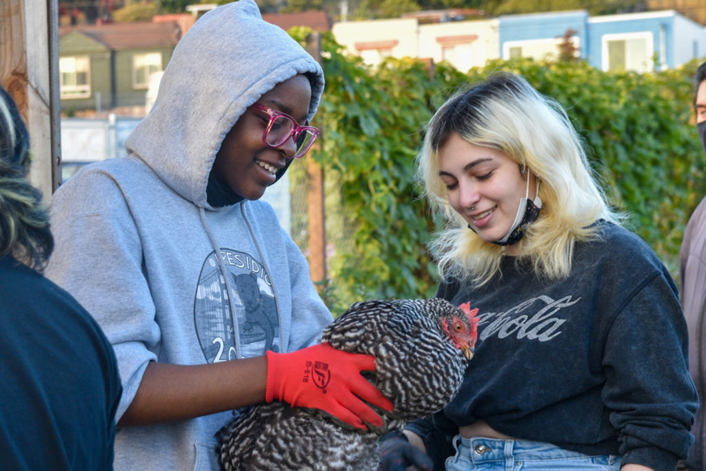 Foodwise Teen and intern Sofia holding and looking at a chicken