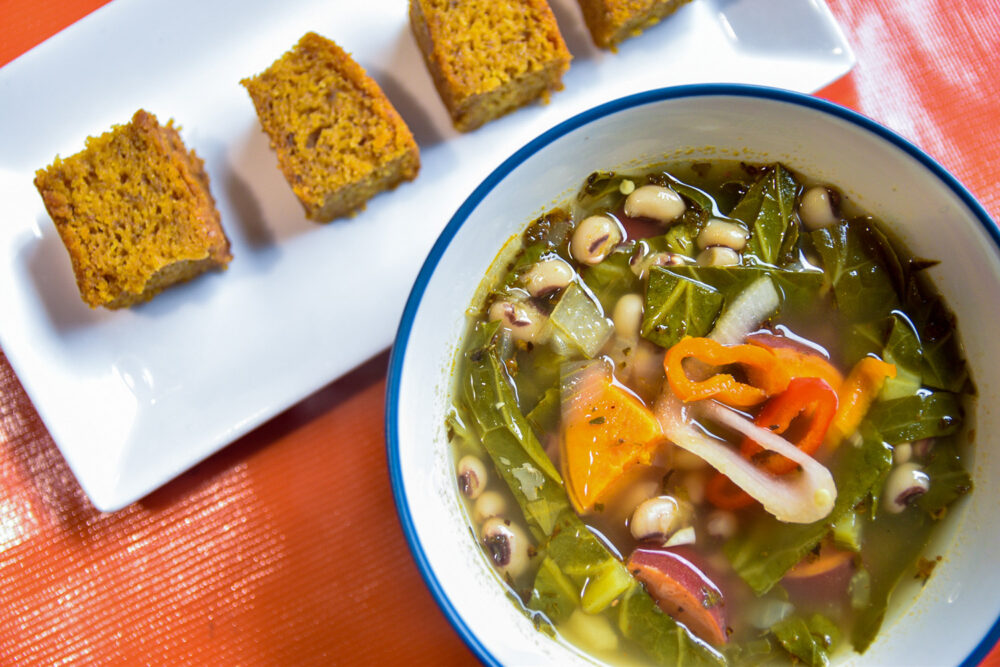 Collard greens, Black eyed peas and sweet potato soup with cornbread