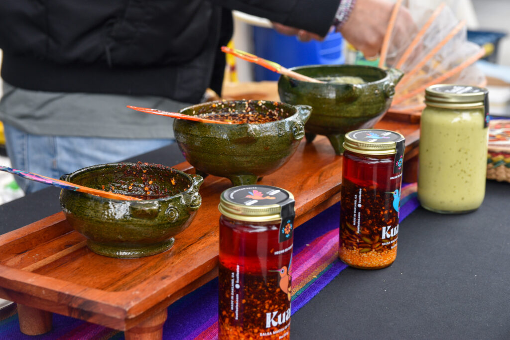 Kuali's salsa macha samples at the Ferry Plaza Farmers Market