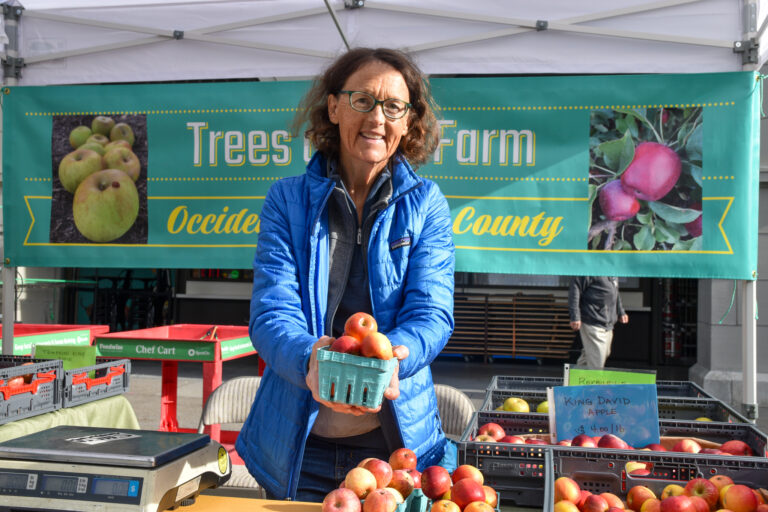 Farmer Rachel Stauffer poses with a basket of apples at Trees of Life Farm's stand at the Ferry Plaza Farmers Market in San Francisco