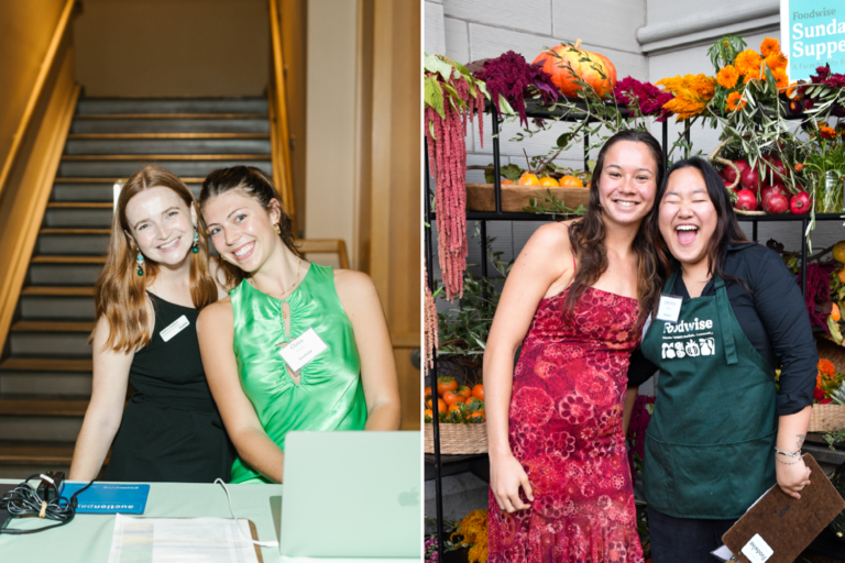 A collage of two images. On the left: Two people, including an intern, Claire, pose with a table and computer in the foreground. On the right: two interns, Piper and Christine, pose in front of an arrangement of fall produce and flowers at Foodwise Sundy Supper.