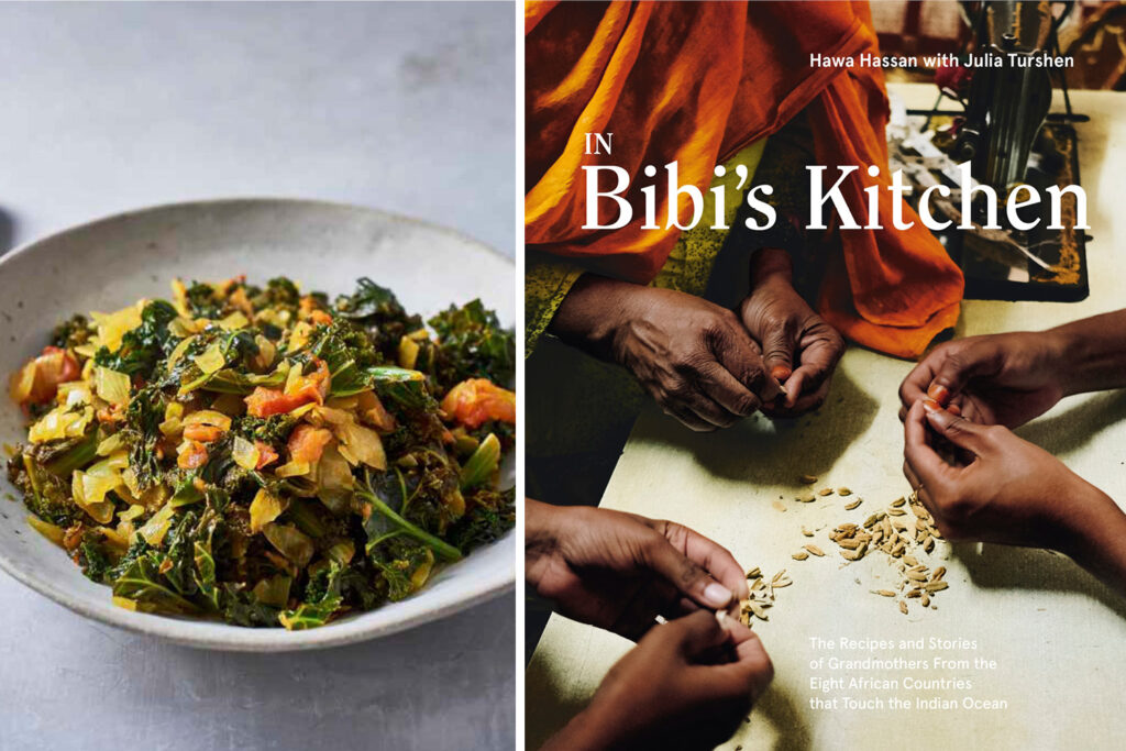 A collage of two photos: on the left a bowl of greens and other vegetables; on the right a cover of Bibi's Kitchen by Hawa Hassan