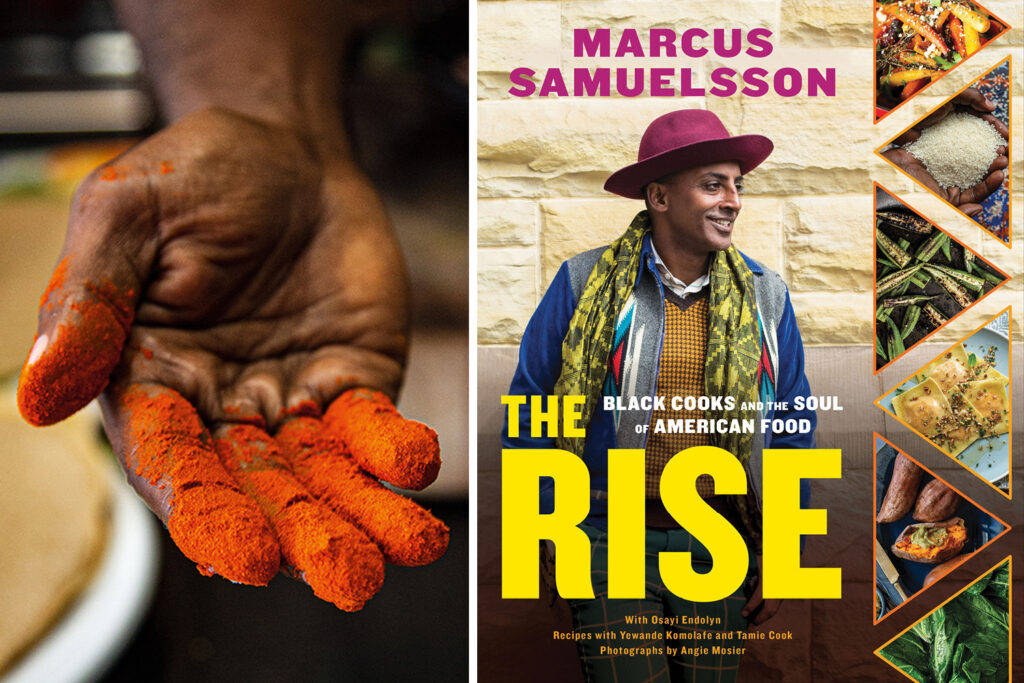 A collage of two photos: on the left, a hand is covered with bright red powder; on the right, the cover of The Rise by Marcus Samuelsson.