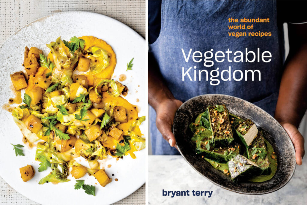 A collage of two photos: on the left, a picture of roasted potatoes with a yellow sauce and green herbs, on the right, a cover of Vegetable Kingdom by Bryant Terry