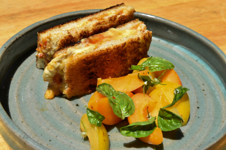 Half a grilled cheese with cut up stone fruit on the side, served on a ceramic dish